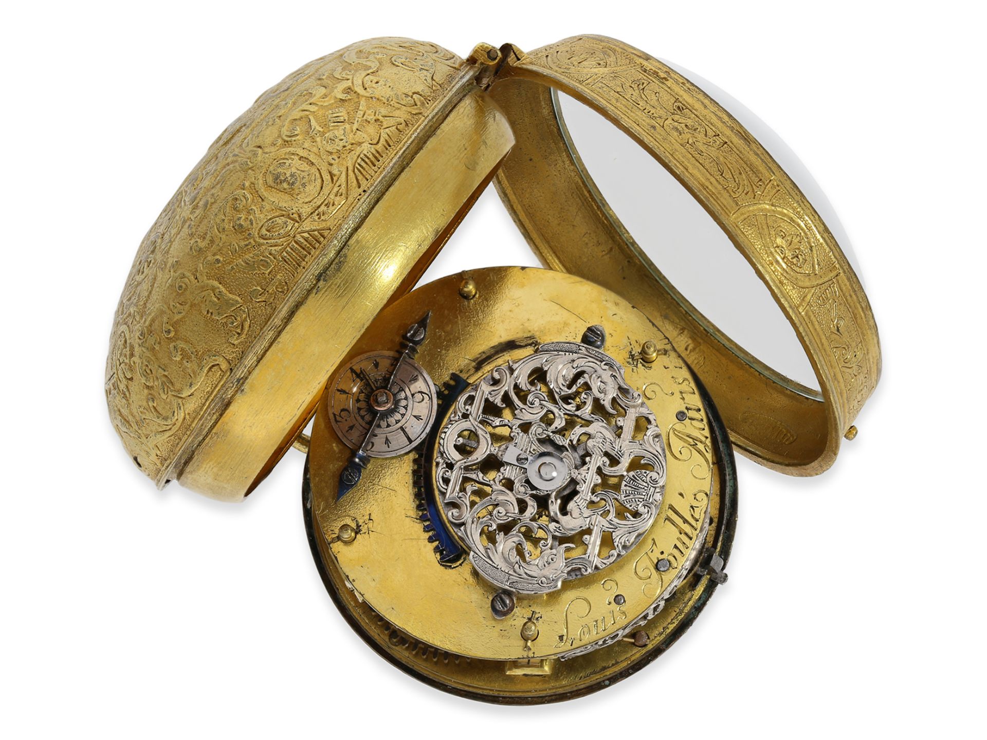 Taschenuhr: seltene französische Oignon mit Reliefgehäuse und seltener silberner Werksdekoration, Lo - Bild 2 aus 4