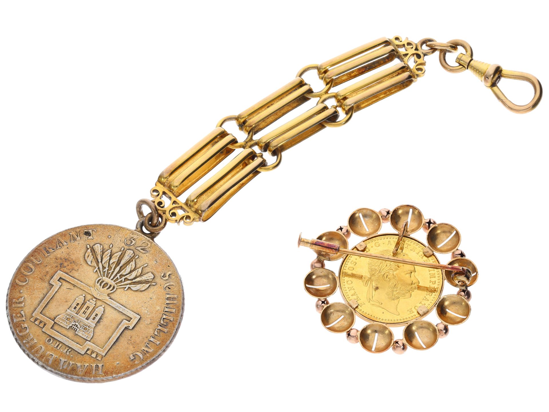 Goldene Chatelaine mit Silber-Münze und eine Brosche mit Gold-Dukat Imperator 1915 - Bild 2 aus 2