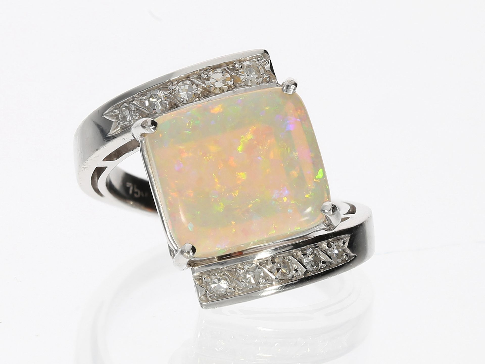 Ausgefallener Opal/Diamant-Goldschmiedering, Handarbeit aus 18K Weißgold