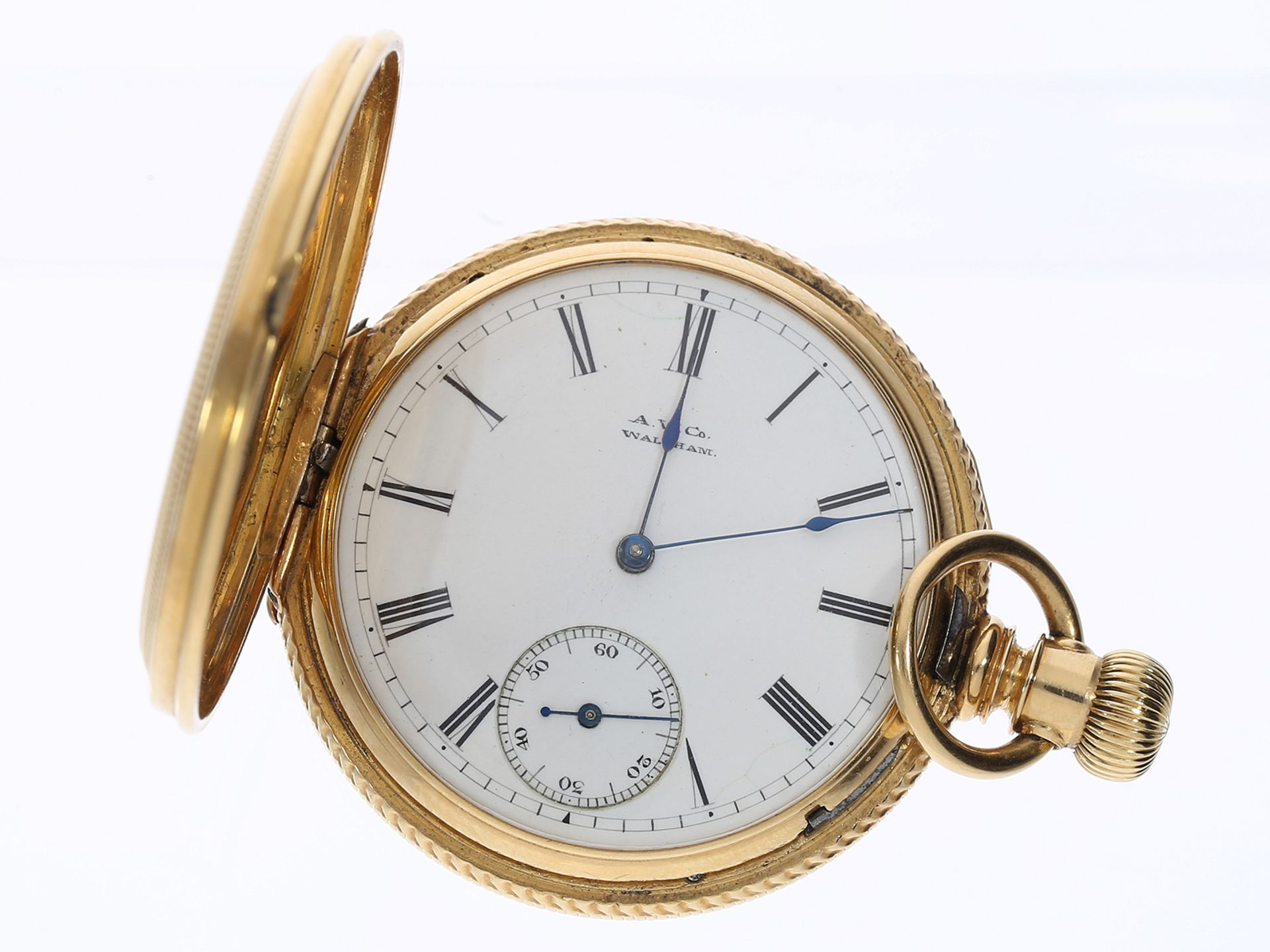 Taschenuhr: rare amerikanische Savonnette Waltham Riverside, No. 1581913, 18K Gold mit Uhrenkette