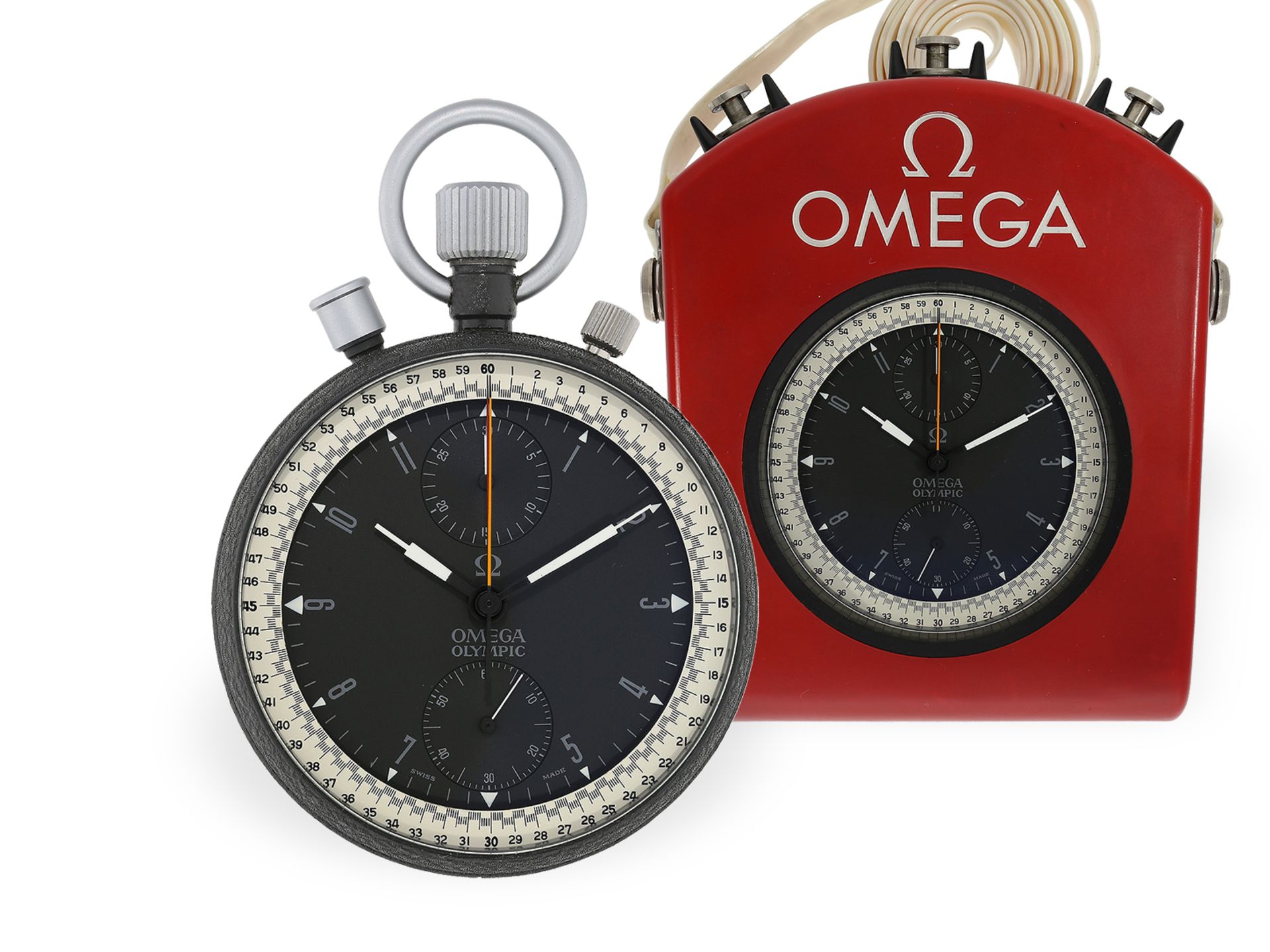 Taschenuhr: Split-Seconds Chronograph Omega Olympic 1964 in komplett originalem Zustand, new-old-sto