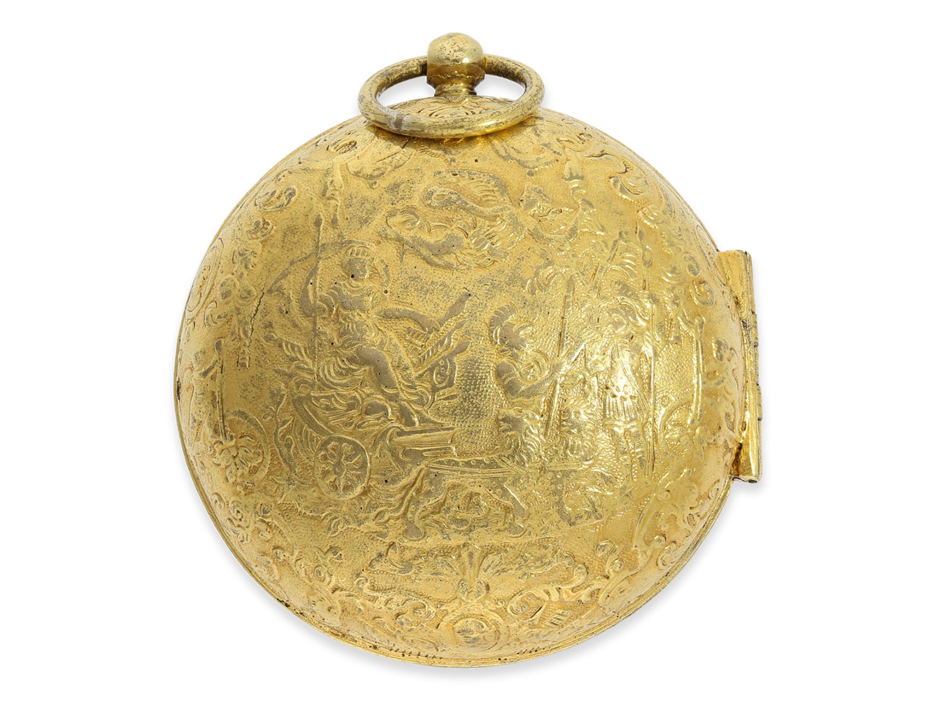 Taschenuhr: seltene französische Oignon mit Reliefgehäuse und seltener silberner Werksdekoration, Lo - Bild 4 aus 4