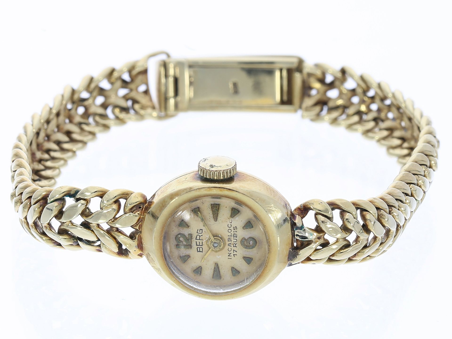 Armbanduhr: Goldene vintage Damenuhr der Marke Berg, 14K Gold