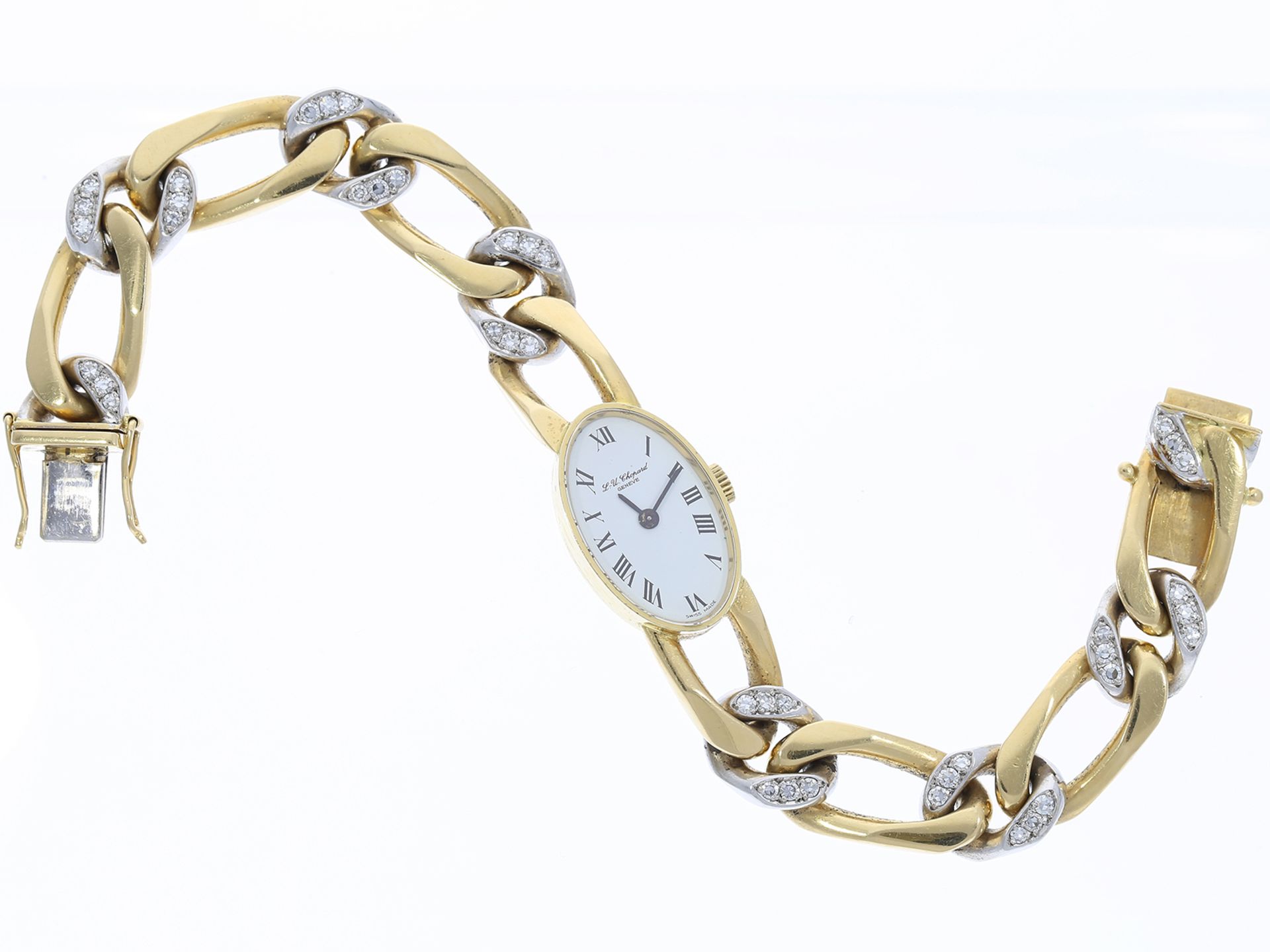 Armbanduhr: schwere und ehemals sehr teure vintage Damenuhr von Chopard, 18K Gold mit Diamanten