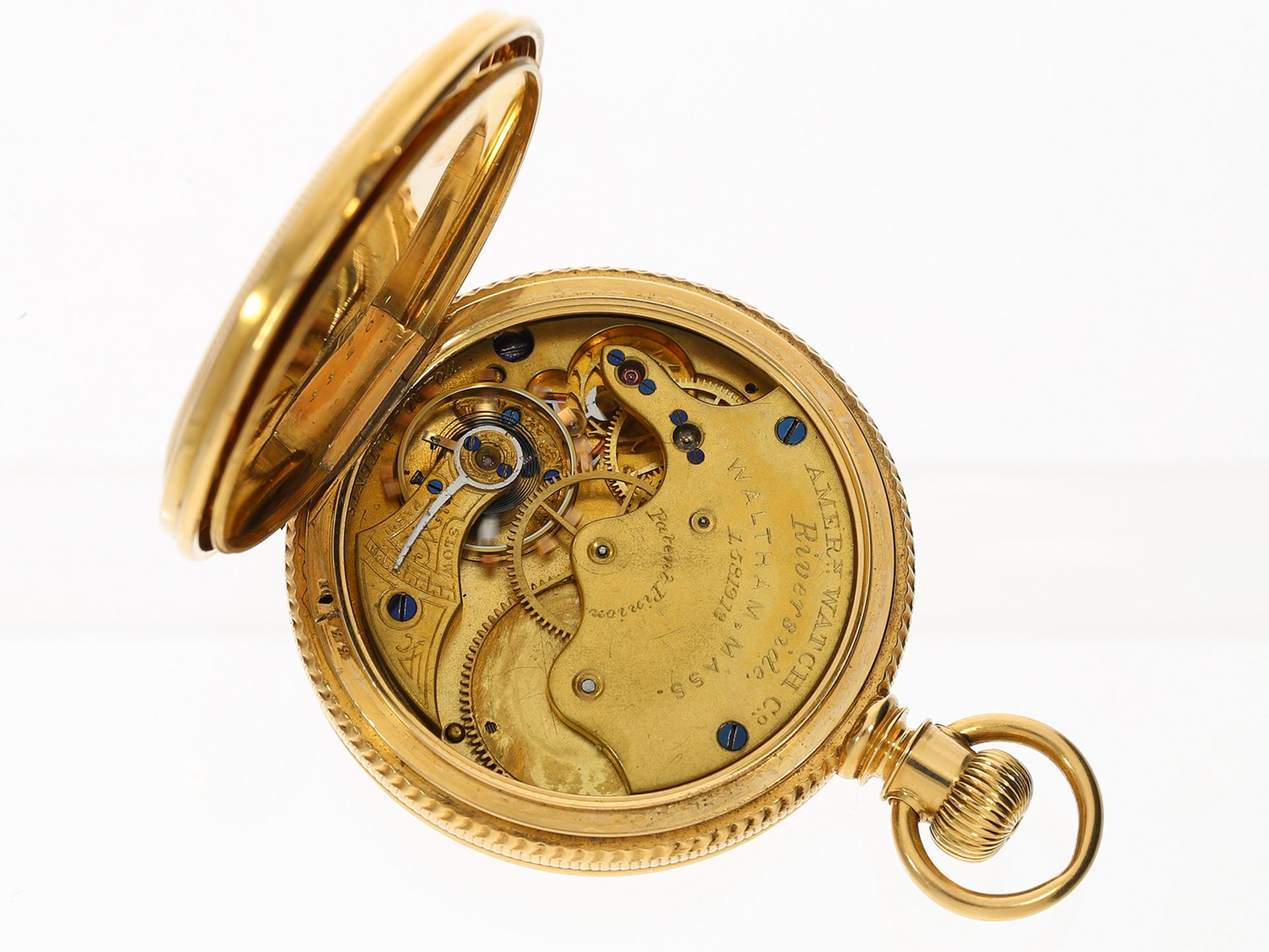 Taschenuhr: rare amerikanische Savonnette Waltham Riverside, No. 1581913, 18K Gold mit Uhrenkette - Image 4 of 5