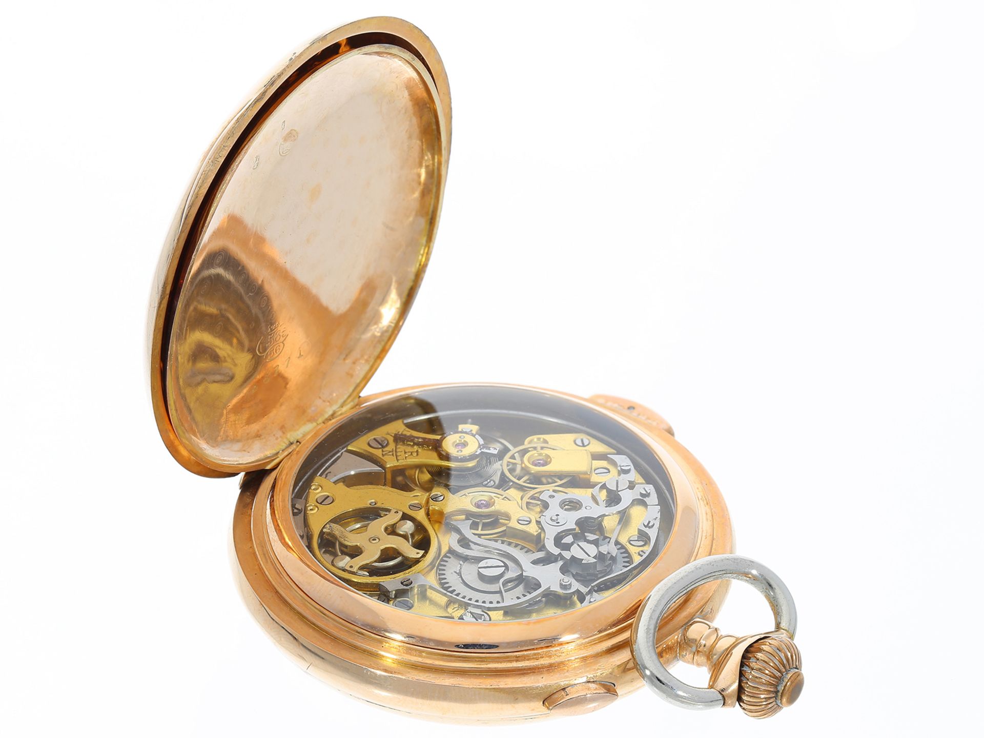 Taschenuhr: schwere, große Savonnette mit Repetition und Chronograph, mit Goldkette - Image 5 of 7
