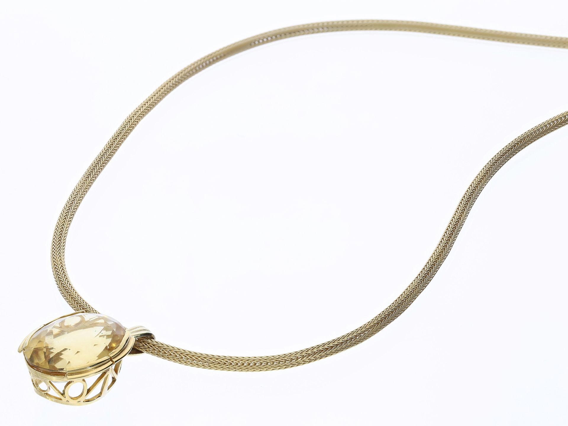Kette: Goldenes, dekoratives vintage "Strumpfband"-Collier mit handgefertigtem Citrin-Anhänger