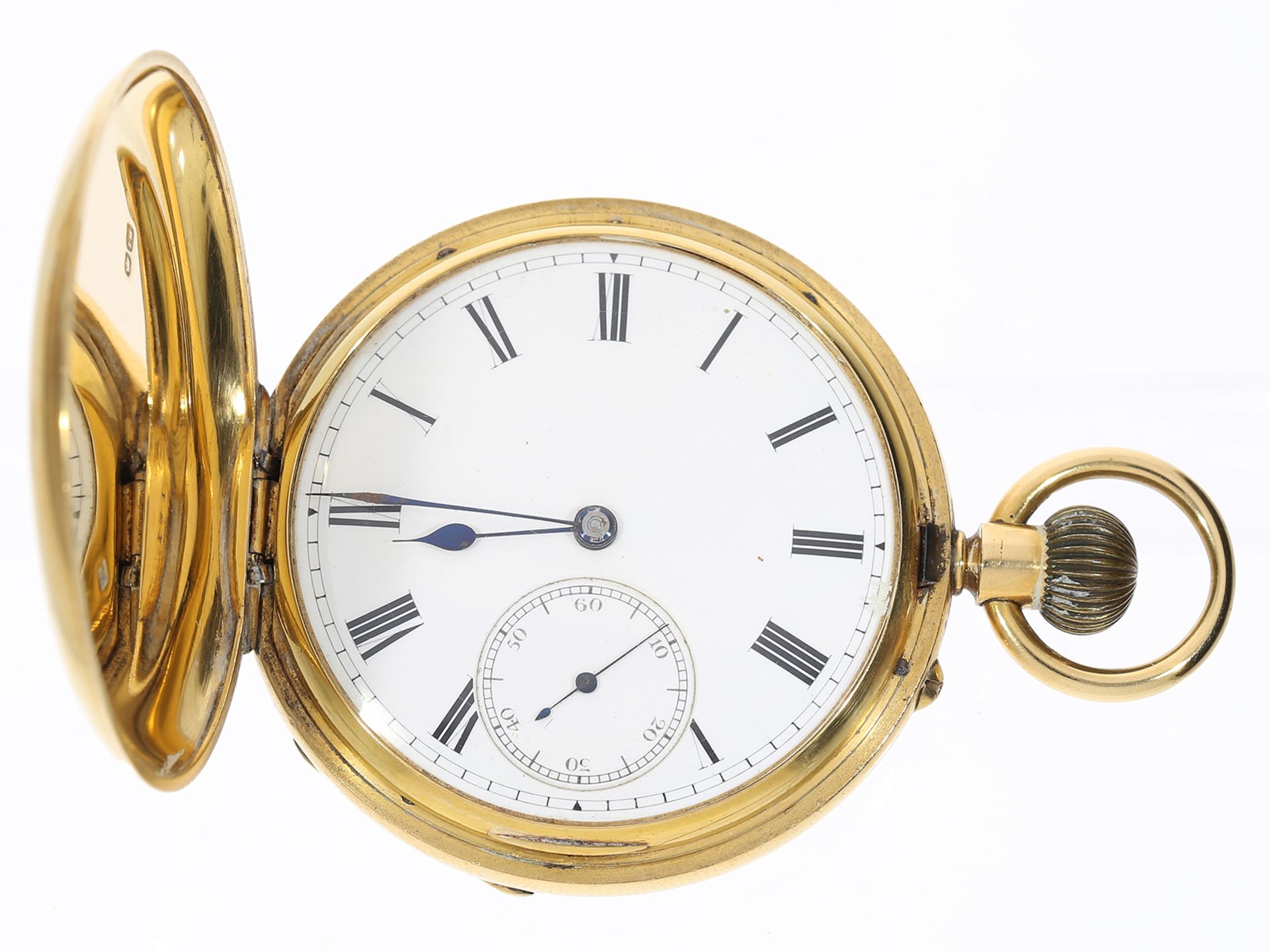 Taschenuhr: feine englische Goldsavonnette, 18K Gold, Hallmarks 1896