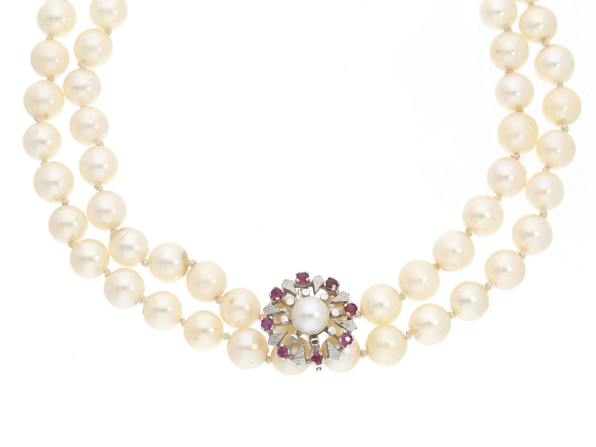 Vintage Perlen-Schmuckset, 14K Weißgold mit Rubinbesatz - Bild 2 aus 7