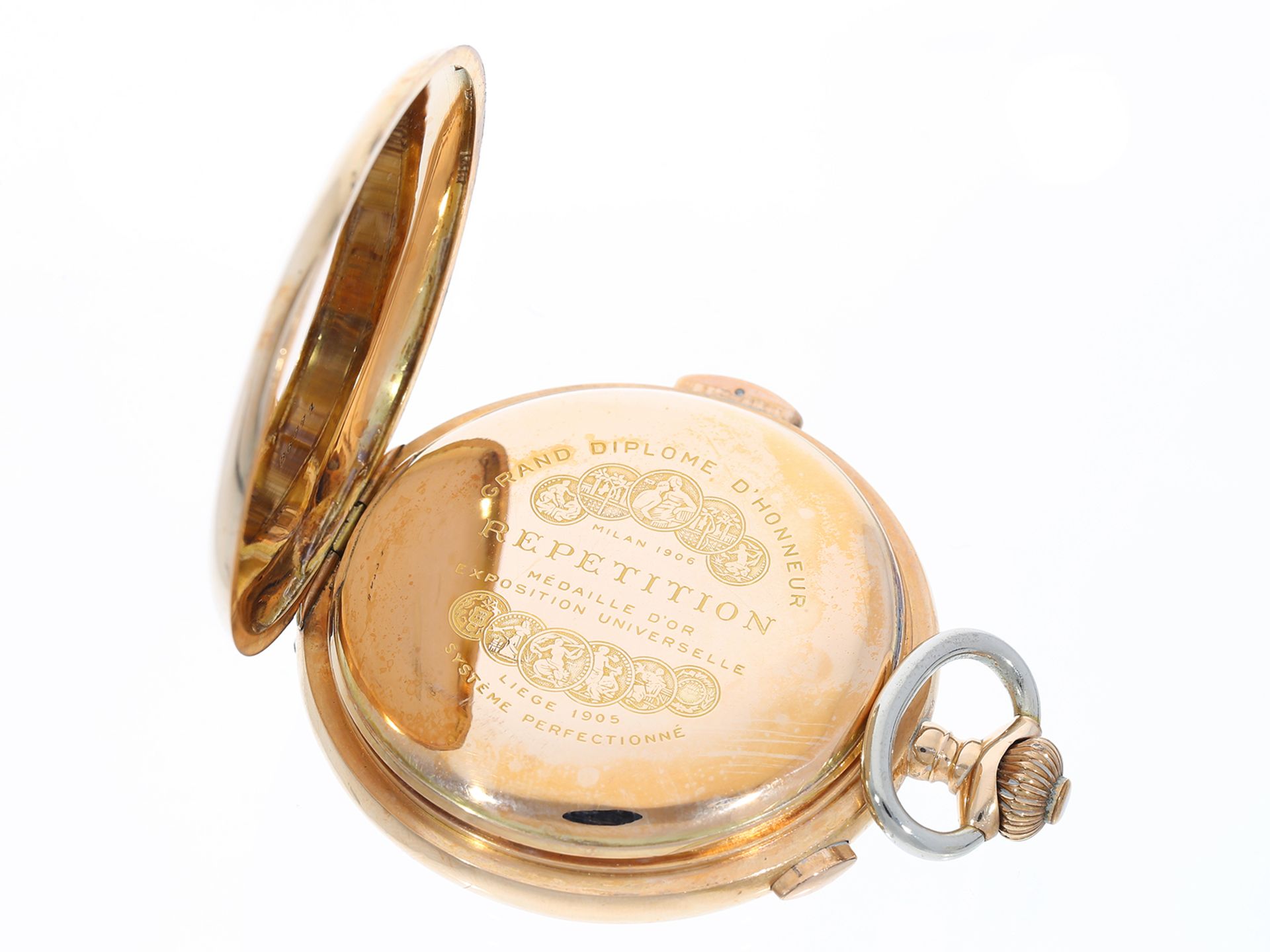 Taschenuhr: schwere, große Savonnette mit Repetition und Chronograph, mit Goldkette - Image 3 of 7