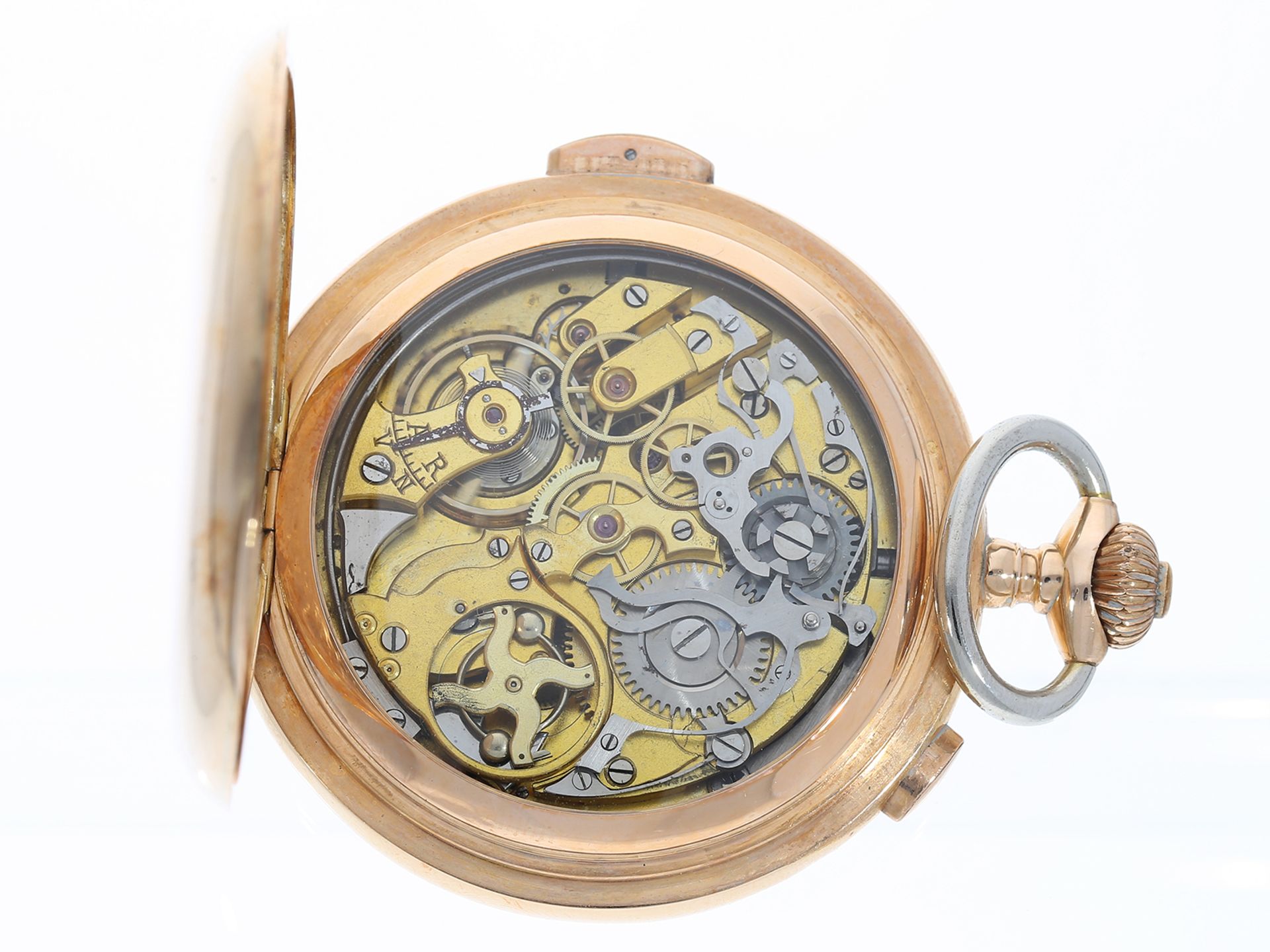 Taschenuhr: schwere, große Savonnette mit Repetition und Chronograph, mit Goldkette - Image 6 of 7