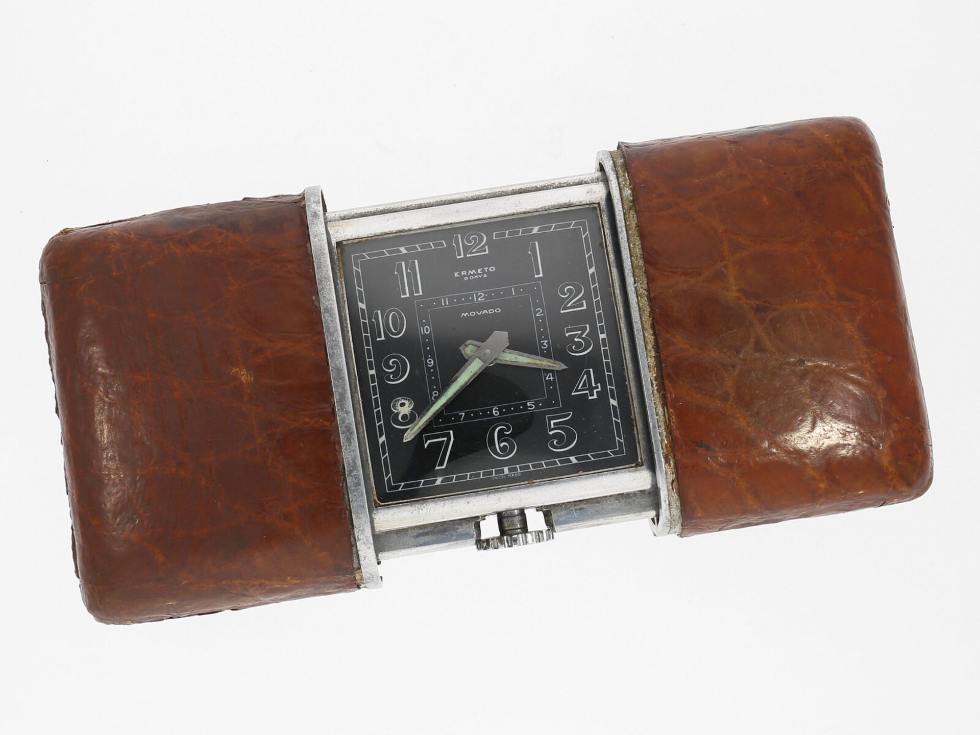Reisewecker: seltene vintage Reiseuhr mit 8-Tage-Werk, Chronometer Ermeto Jumbo, Movado, um 1930