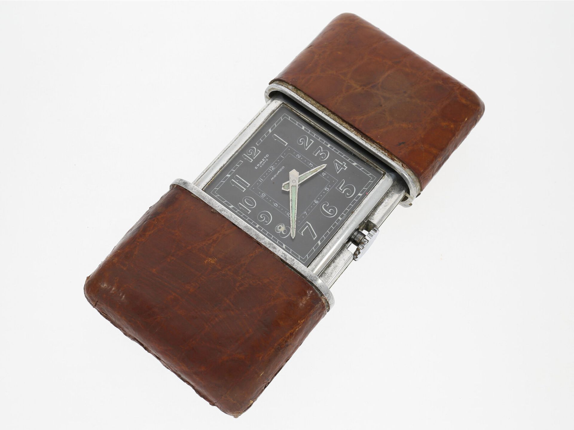 Reisewecker: seltene vintage Reiseuhr mit 8-Tage-Werk, Chronometer Ermeto Jumbo, Movado, um 1930 - Bild 2 aus 4