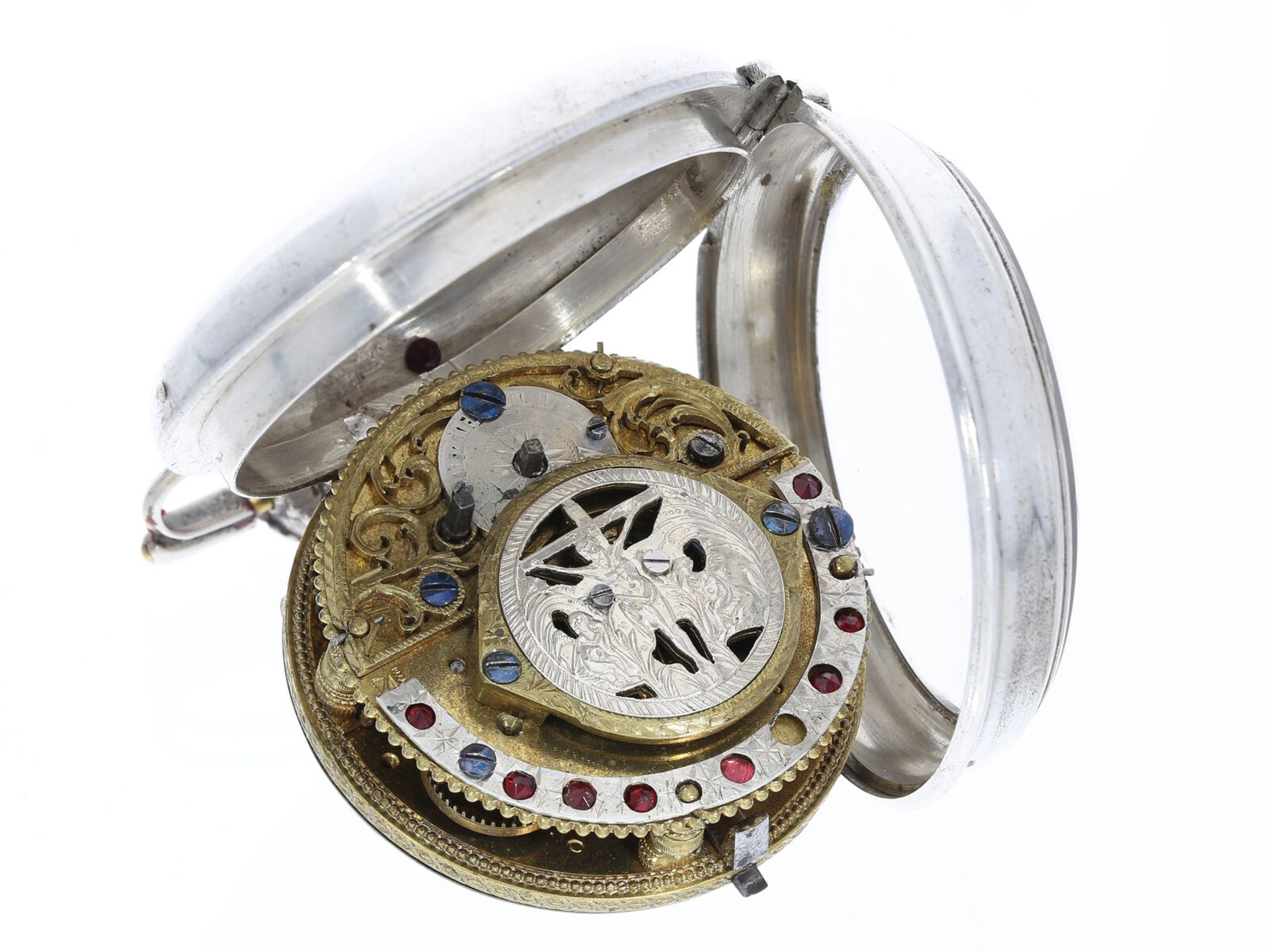 Taschenuhr: sehr schöne, große alpenländische Doppelgehäuse-Spindeluhr mit Datum, um 1800 - Image 5 of 6