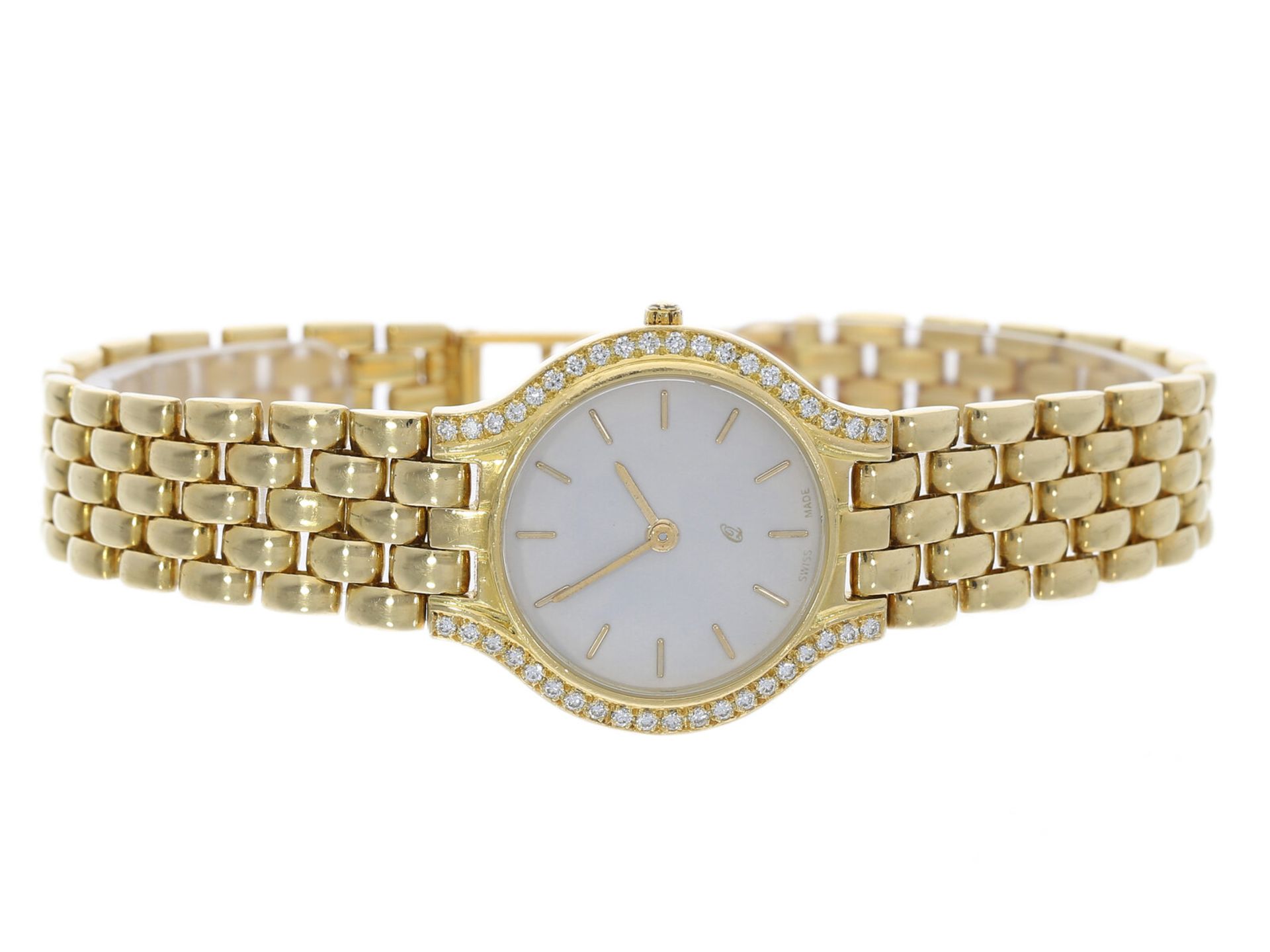 Armbanduhr: Goldene vintage Damenuhr mit Brillantbesatz, 18K Gelbgold