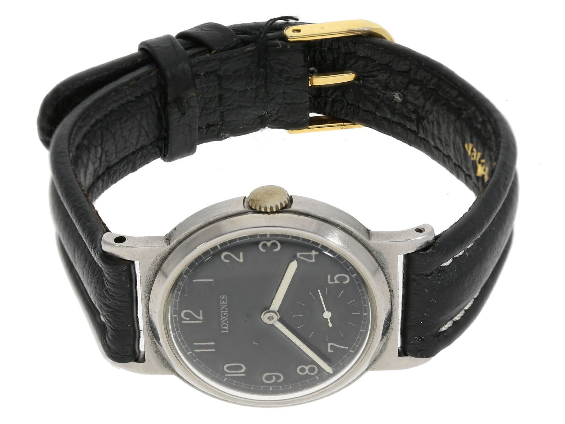 Armbanduhr: frühe Herrenuhr in Stahl mit schwarzem Zifferblatt, Longines, um 1940-1945 - Bild 2 aus 3
