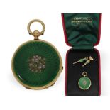 Taschenuhr: Gold/Emaille-Miniatur-Lepine mit Schlüssel und Petschaft, Originalbox Mellerio Paris