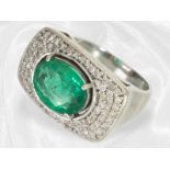 Ring: Vintage Brillant/Smaragd-Goldschmiedering mit großem Smaragd, Handarbeit, Smaragd ca. 3,6ct