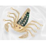 Sehr dekorative, hochfeine Emaille-Goldschmiedebrosche "Skorpion" mit reichem Diamantbesatz und Rubi