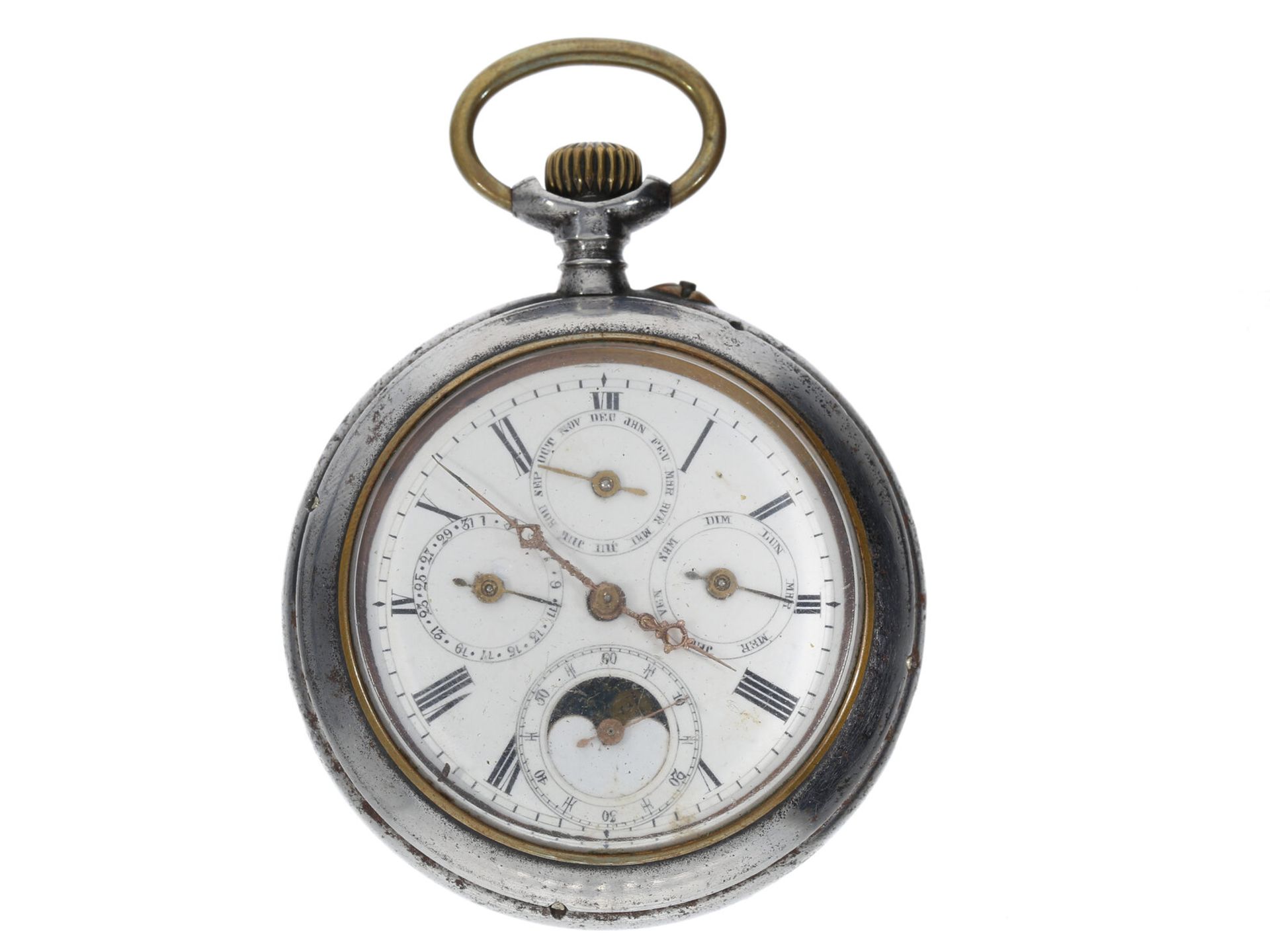 Taschenuhr: eiserne Kalenderuhr mit Mondphase, ca. 1900