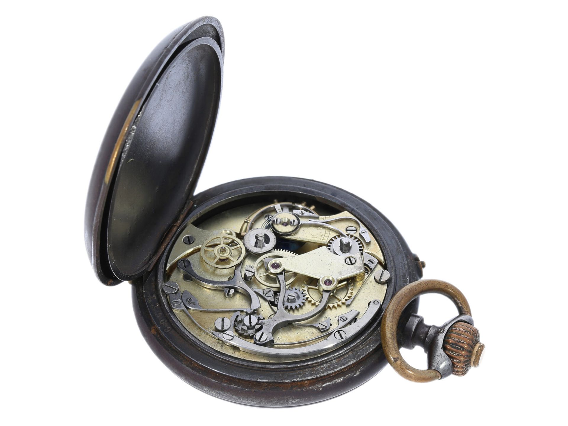 Taschenuhr: eiserner Schaltrad-Chronograph mit Register, um 1890 - Bild 4 aus 4