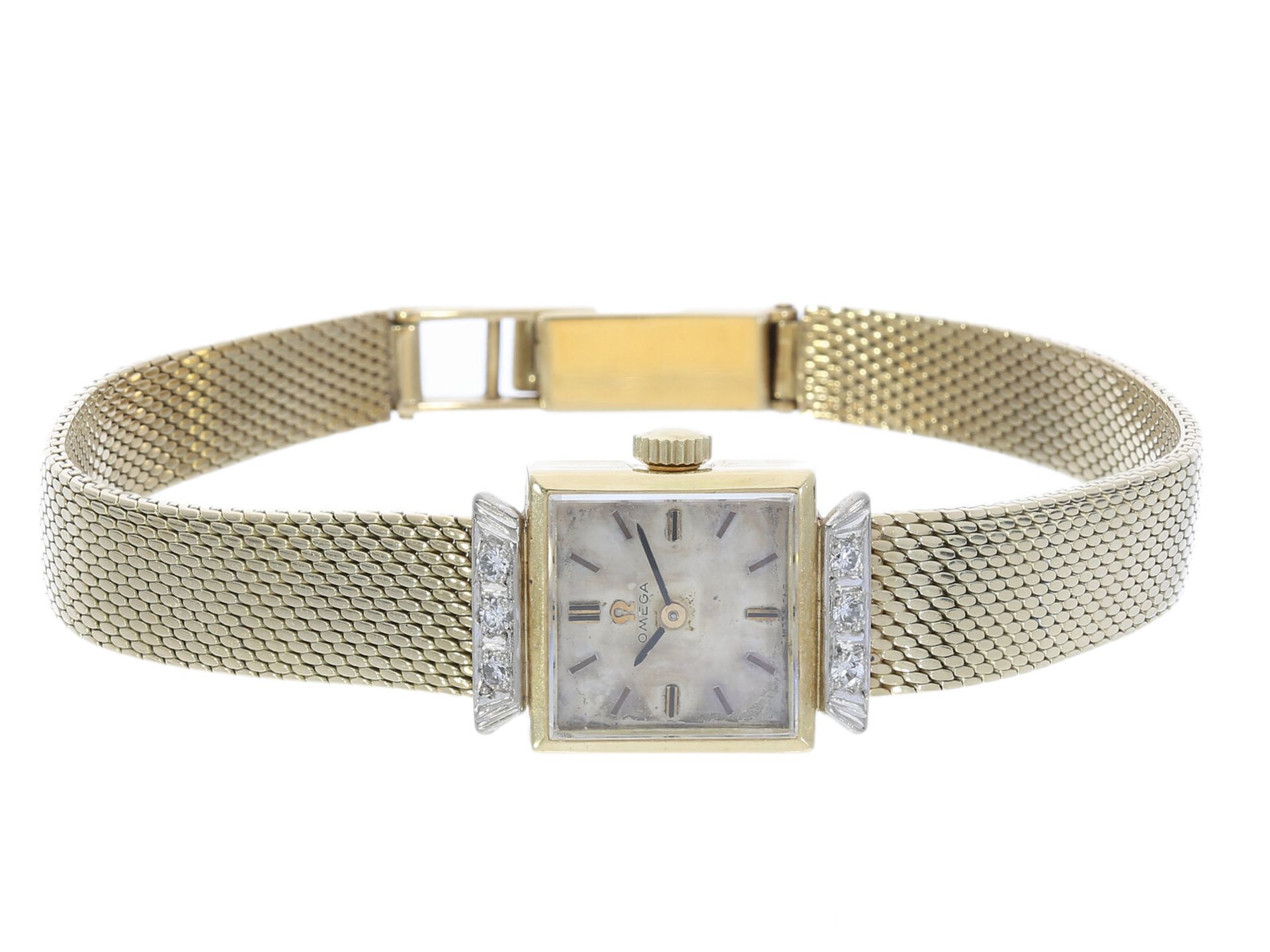 Armbanduhr: Goldene vintage Damenuhr der Marke Omega mit Brillantbesatz