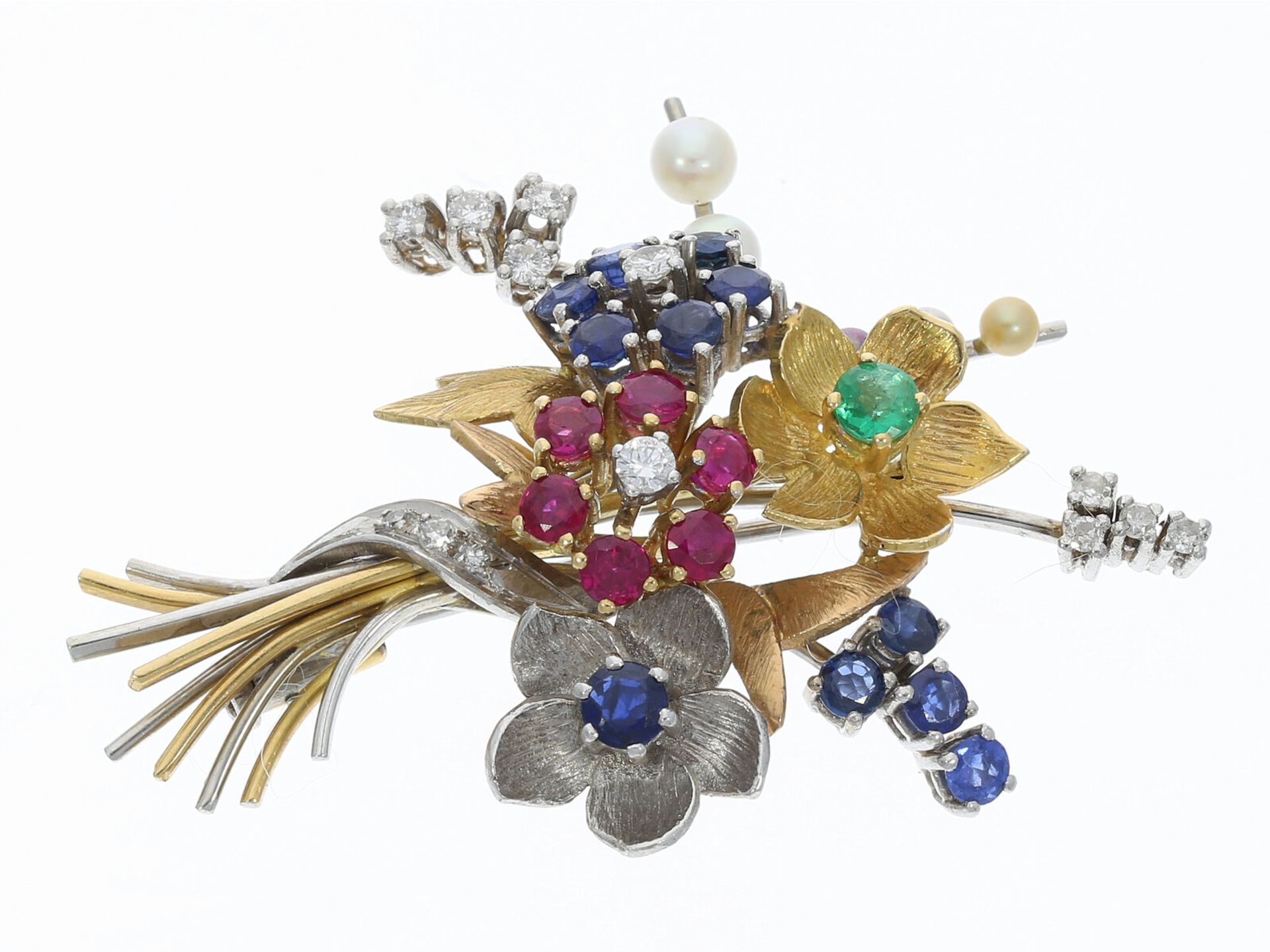 Dekorative vintage Blütenbrosche mit Perlen, Diamant- und Farbsteinbesatz, Handarbeit aus 18K Gold