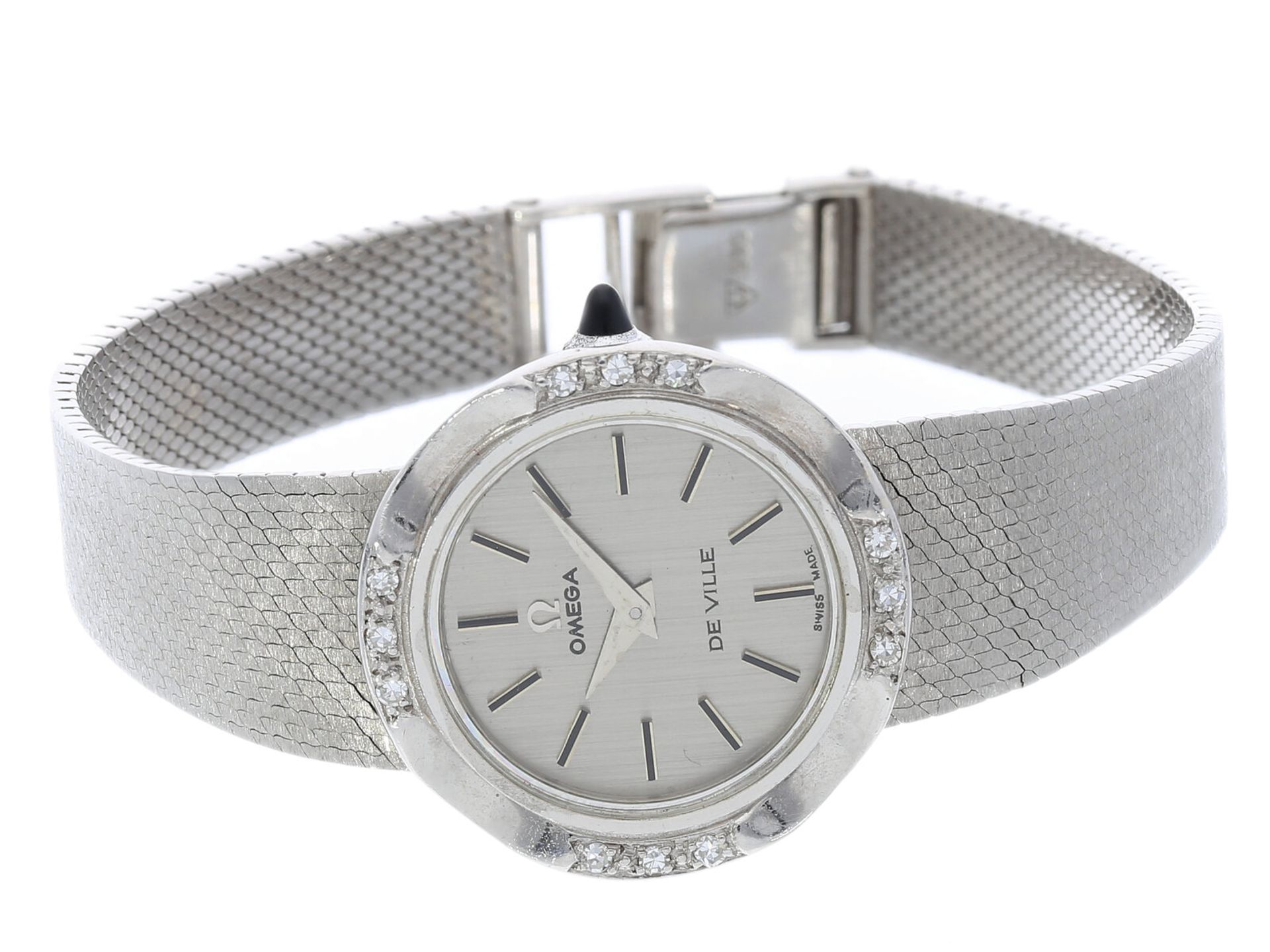 Armbanduhr: Elegante, weißgoldene vintage Damenuhr der Marke Omega De Ville mit Diamant-Lünette