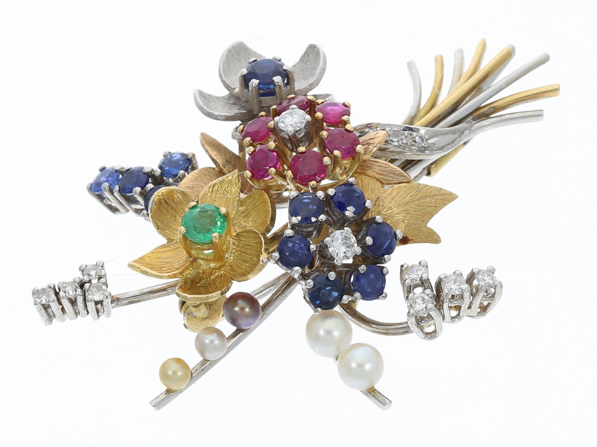 Dekorative vintage Blütenbrosche mit Perlen, Diamant- und Farbsteinbesatz, Handarbeit aus 18K Gold - Image 2 of 2