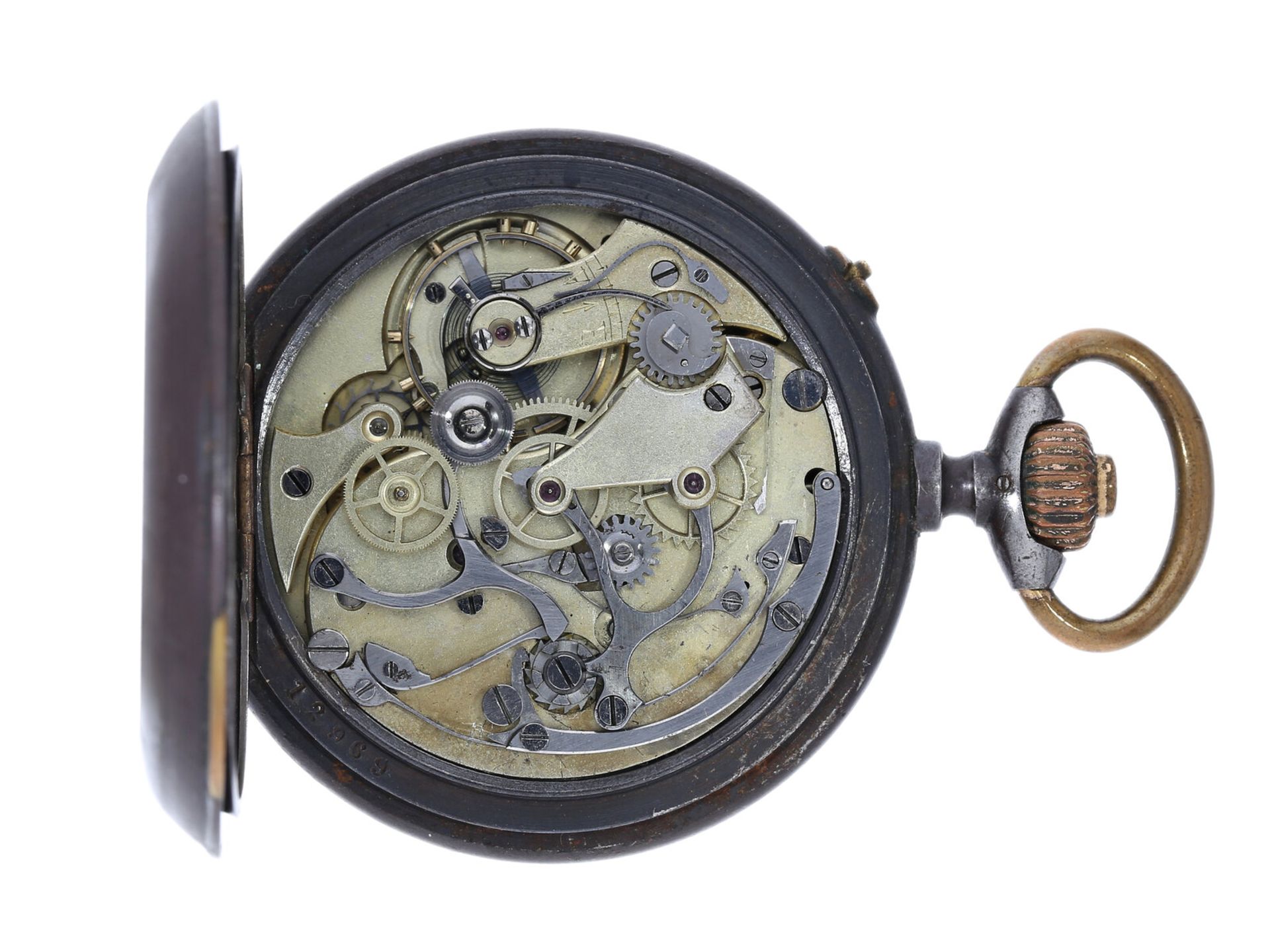 Taschenuhr: eiserner Schaltrad-Chronograph mit Register, um 1890 - Bild 3 aus 4