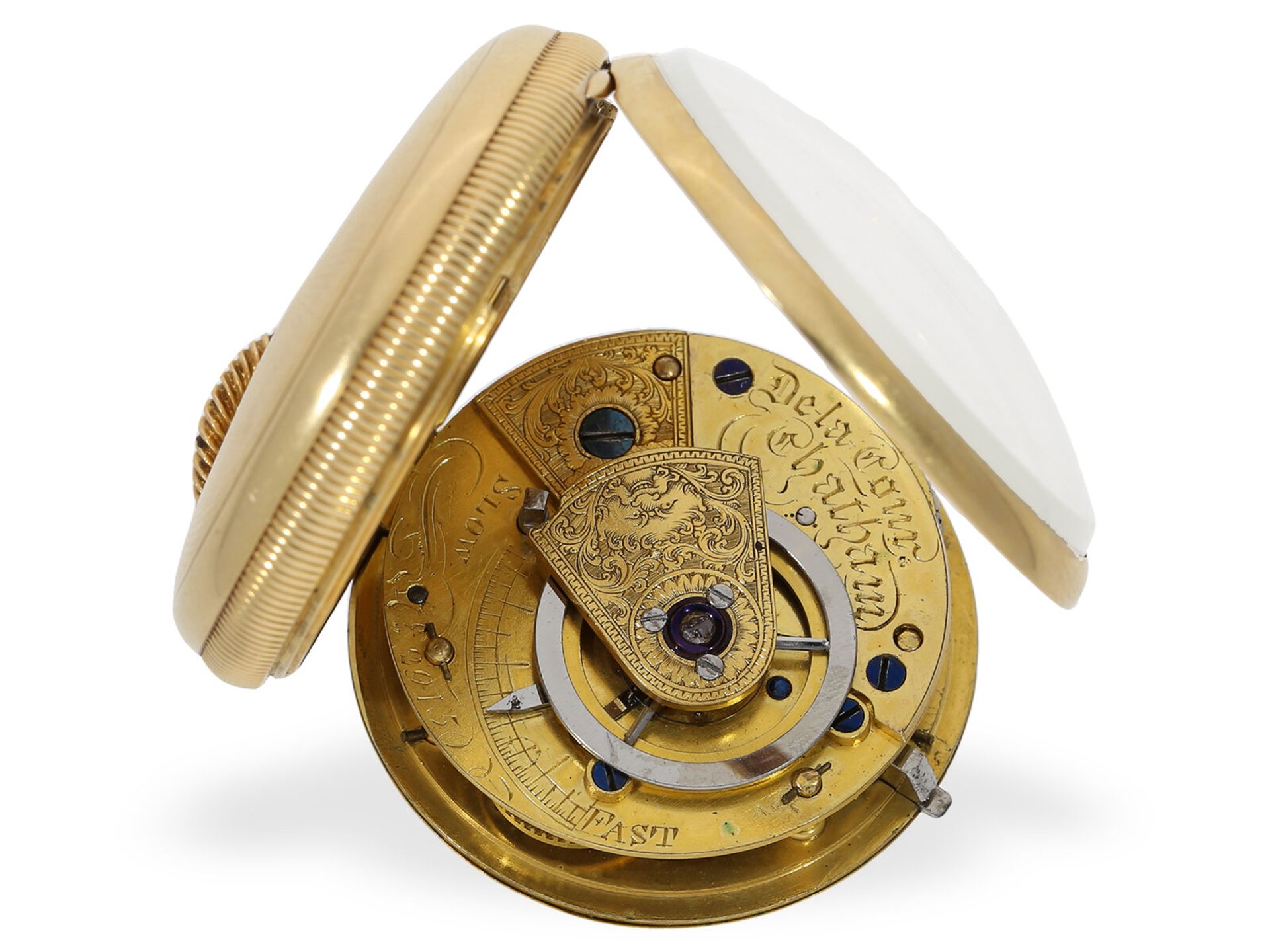 Taschenuhr: 18K Spindeluhr mit massiv goldenem Zifferblatt, De La Cour Chatham No.2915, HM 1820 - Bild 2 aus 4