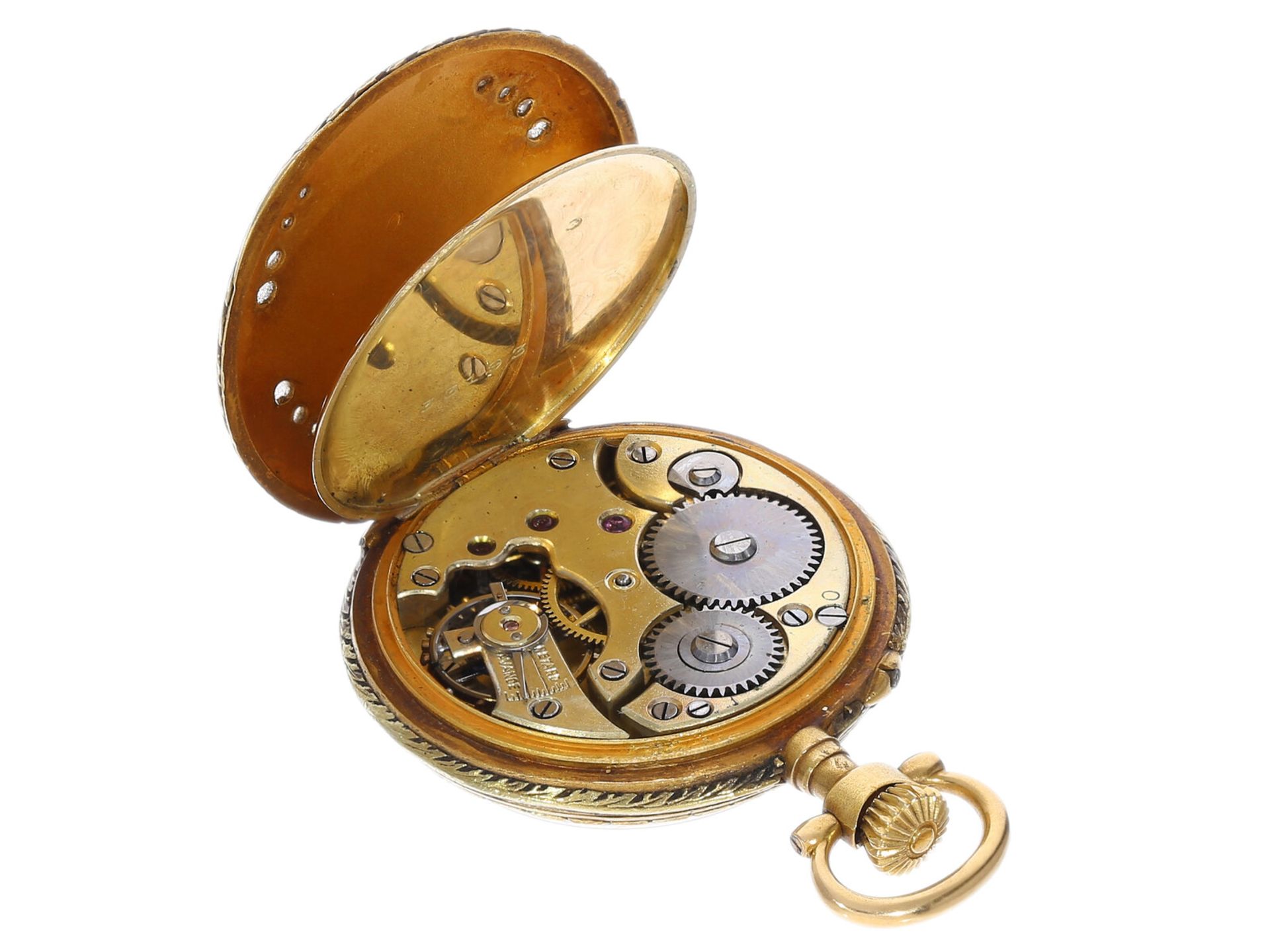 Dekorative, seltene goldene Damen-Taschenuhr mit prunkvollem Gehäuse und Champlevé-Zifferblatt - Image 5 of 5