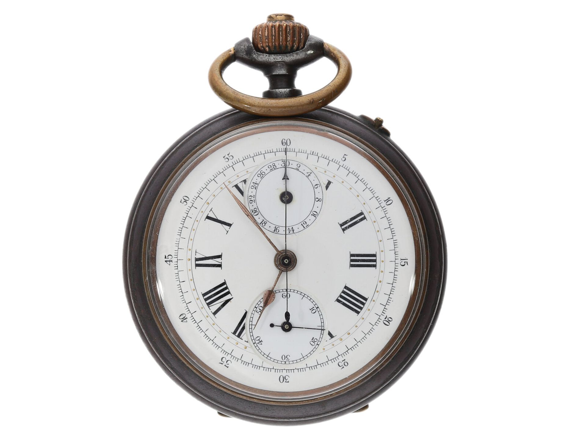 Taschenuhr: eiserner Schaltrad-Chronograph mit Register, um 1890