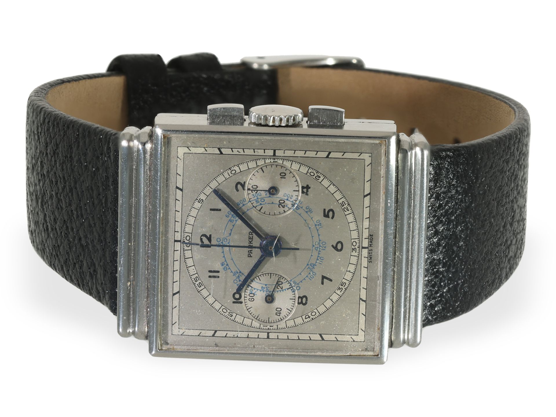 Wristwatch: very beautiful Parker Square Chronograph in steel, Val. 69, 1930s