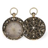 Taschenuhr: extrem flache Gold/Emaille-Zylinderuhr mit dezentralem Zifferblatt, Bautte Geneve um 183