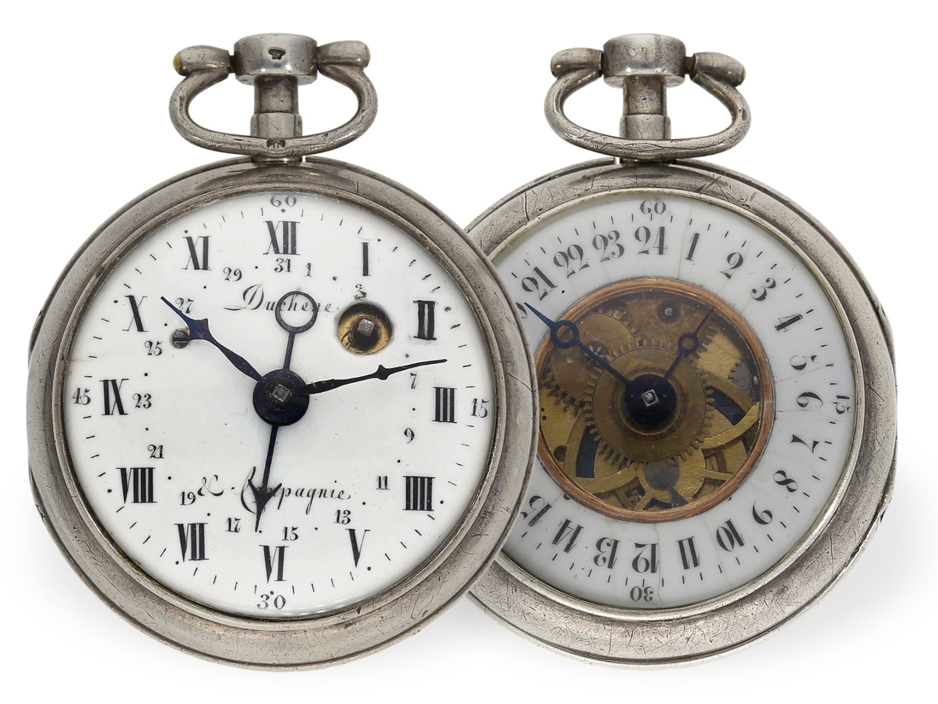 Pocket watch: extremely rare double-sided pocket watch with 24h dial, 2nd time zone, date, 1780