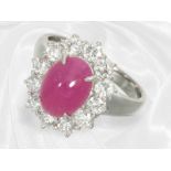 Ring: very solid platinum goldsmith ring made with ruby and brilliant-cut diamonds, like new