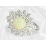 Attractive 18K flower ring with opal cabochon and fine brilliant-cut diamonds approx. 2.1ct, vintage