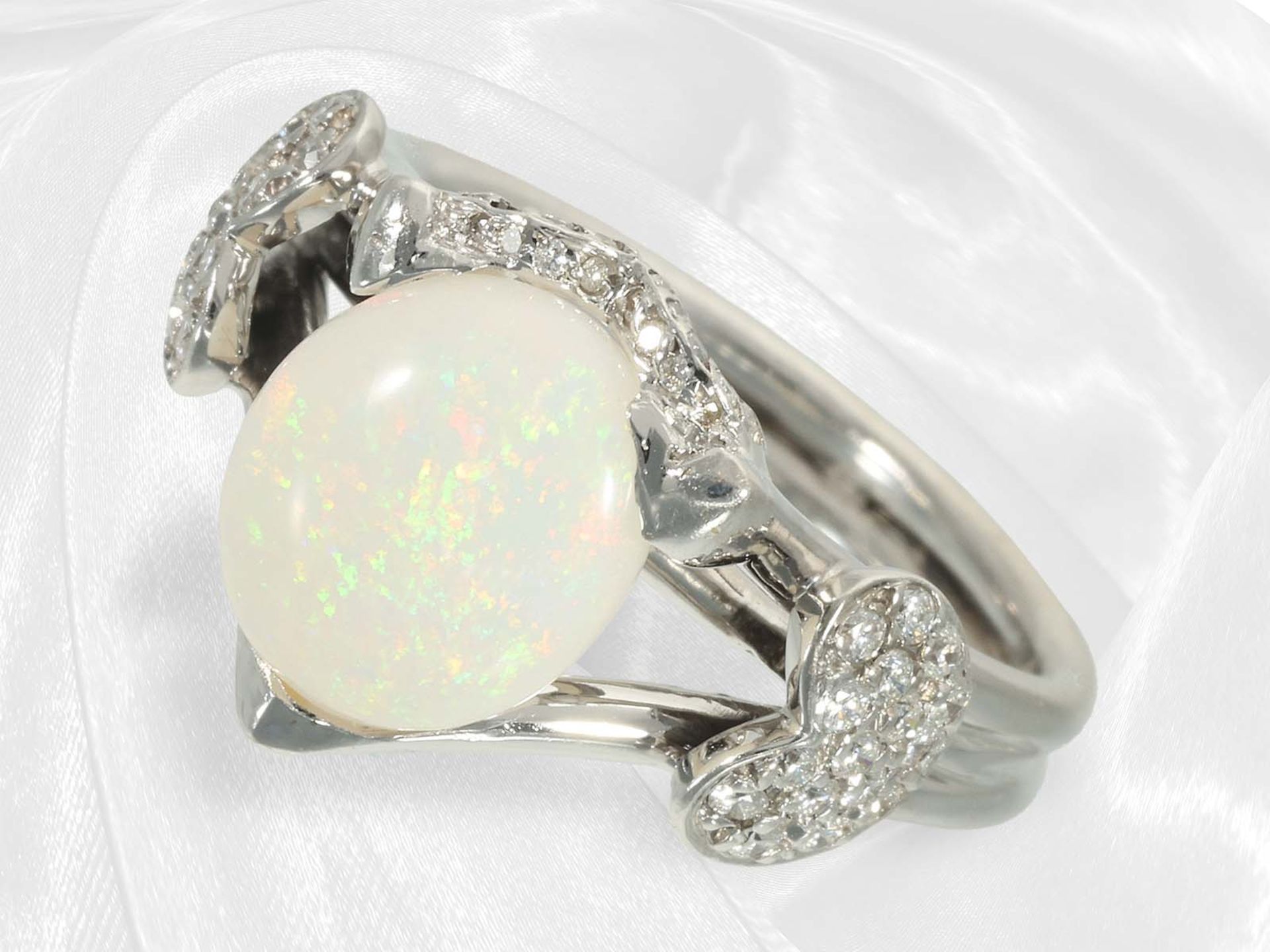 Fancy designer goldsmith ring with opal and brilliant-cut diamonds, "Hearts", 18K white gold, handma