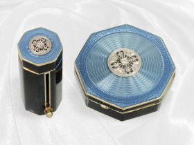 Luxuriöses antikes Schminkset, exquisite Emaille-Dosen/Anhänger aus der Zeit um 1920, hellblaue Guil