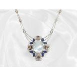 Fancy, decorative vintage goldsmith necklace with moonstone and blue and pink sapphires, handmade