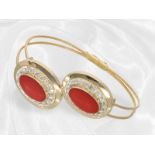 Handmade old goldsmith bangle set with diamonds and coral cabochons, 18K gold