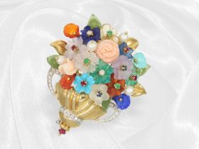 Sehr hochwertige, italienische Brillant-Goldschmiedebrosche, "Blumenkorb" mit Koralle und Farbsteine