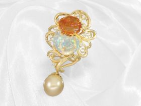 Anhänger: unikater Goldschmiedeschmuck mit großen Opalen, goldener Südseeperle und Brillanten