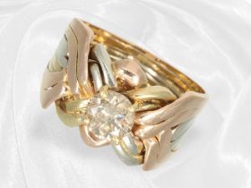 Ring: ausgefallener und interessant gefertigter Tricolor-Goldschmiedering mit braunem fancy Brillant