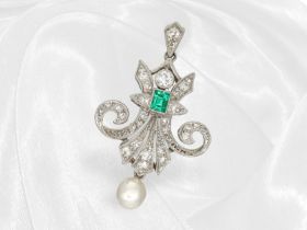Schöner antiker Platin-Anhänger mit Smaragd und Diamantbesatz sowie einer Perle
