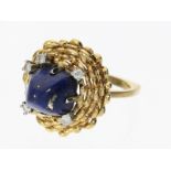 Ring: Ausgefallener, handgefertigter Designer-Goldschmiedering mit Lapislazuli und Brillanten,18K Go