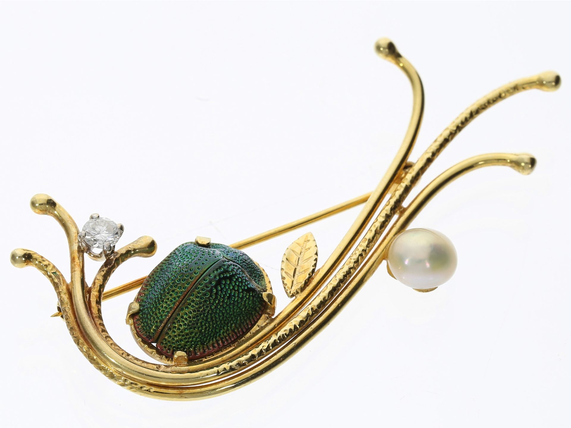 Sehr schöne Goldschmiede-Brosche mit Scarabäus sowie einer Perle und Brillantbesatz, unikate Handarb