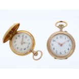 Taschenuhr: 2 goldene Damenuhren, um 1900, dabei eine seltene Jugendstiluhr mit Diamantbesatz