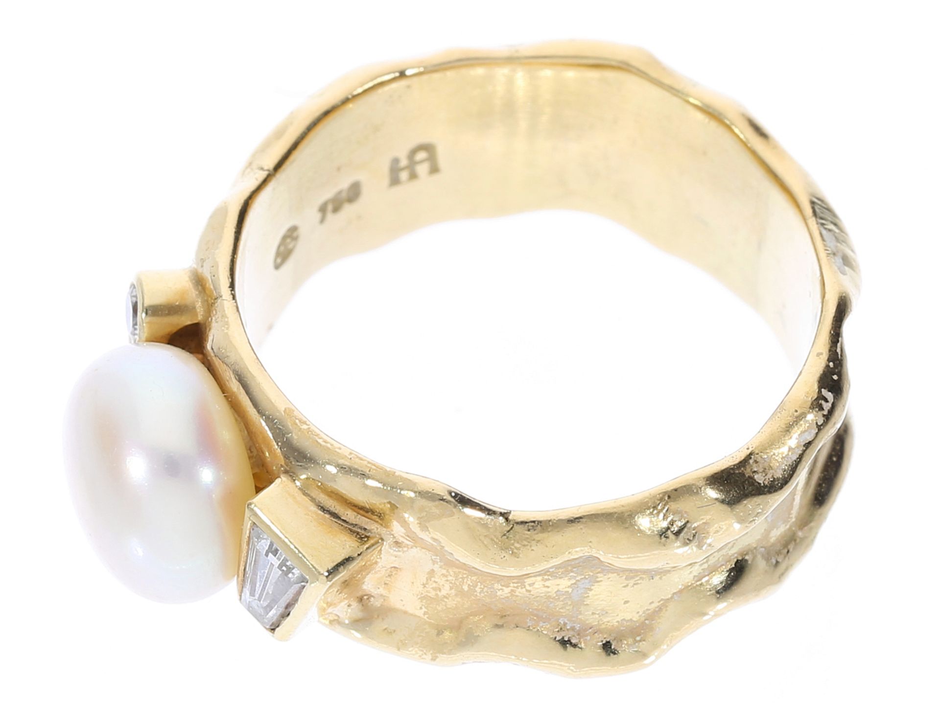 Ring: Designer-Goldschmiedering mit Perle, Diamant- und Brillantbesatz, unikate Handarbeit aus 18K G - Bild 3 aus 3